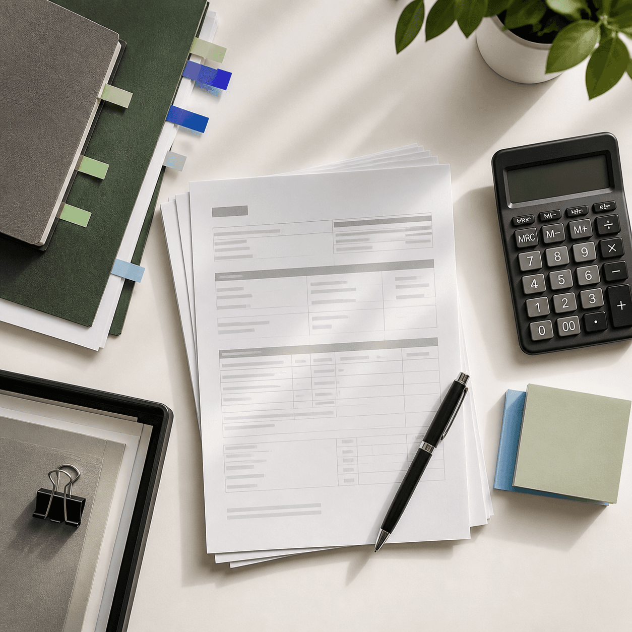 Organised review documents, folders, calculator, and pen