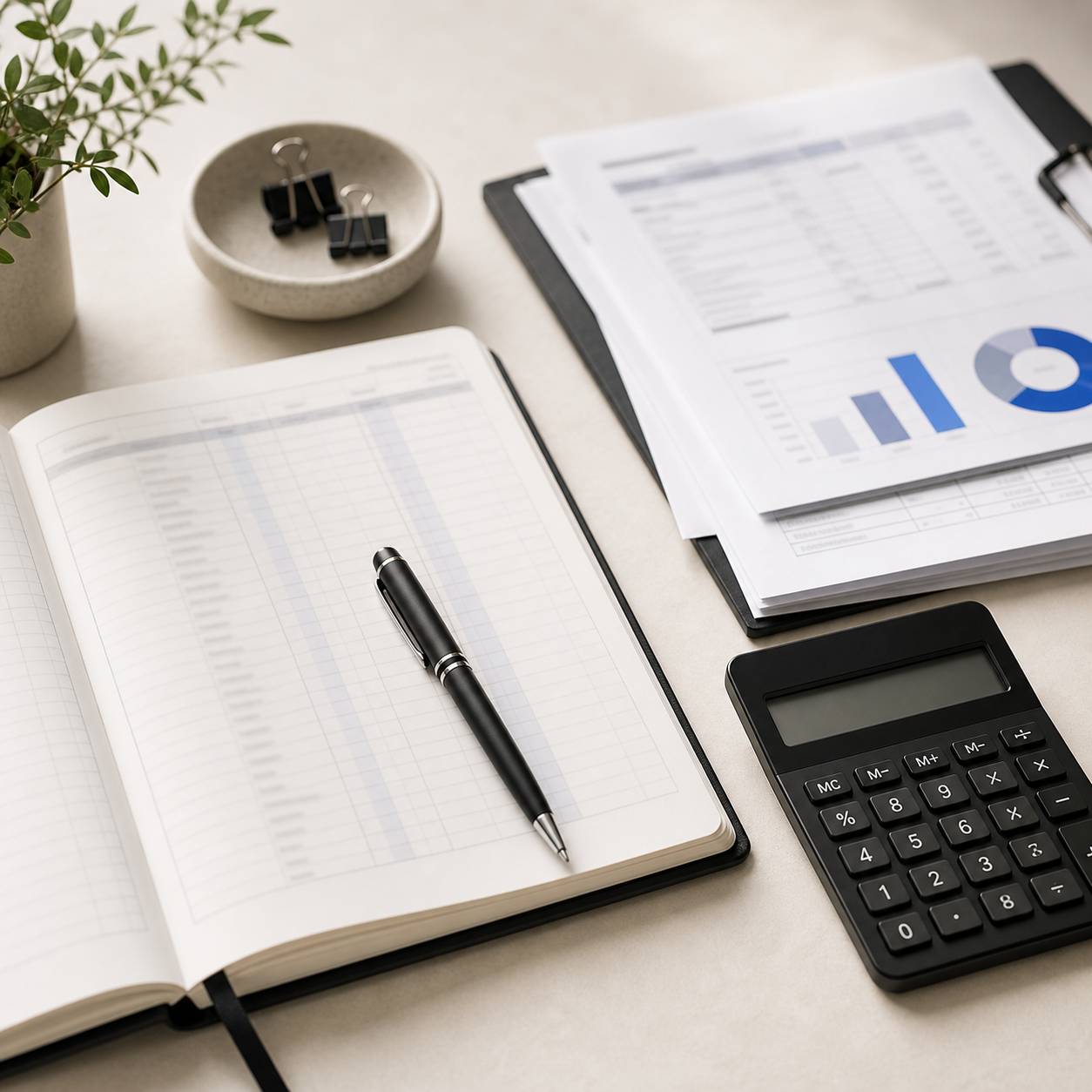 Organized accounting ledger, documents, calculator, and pen on a desk
