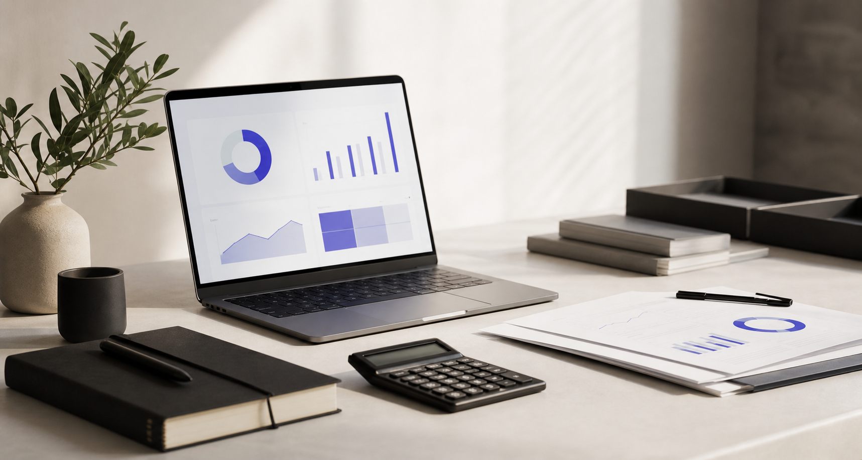 Finance workspace with laptop dashboard, calculator, reports, and notebook