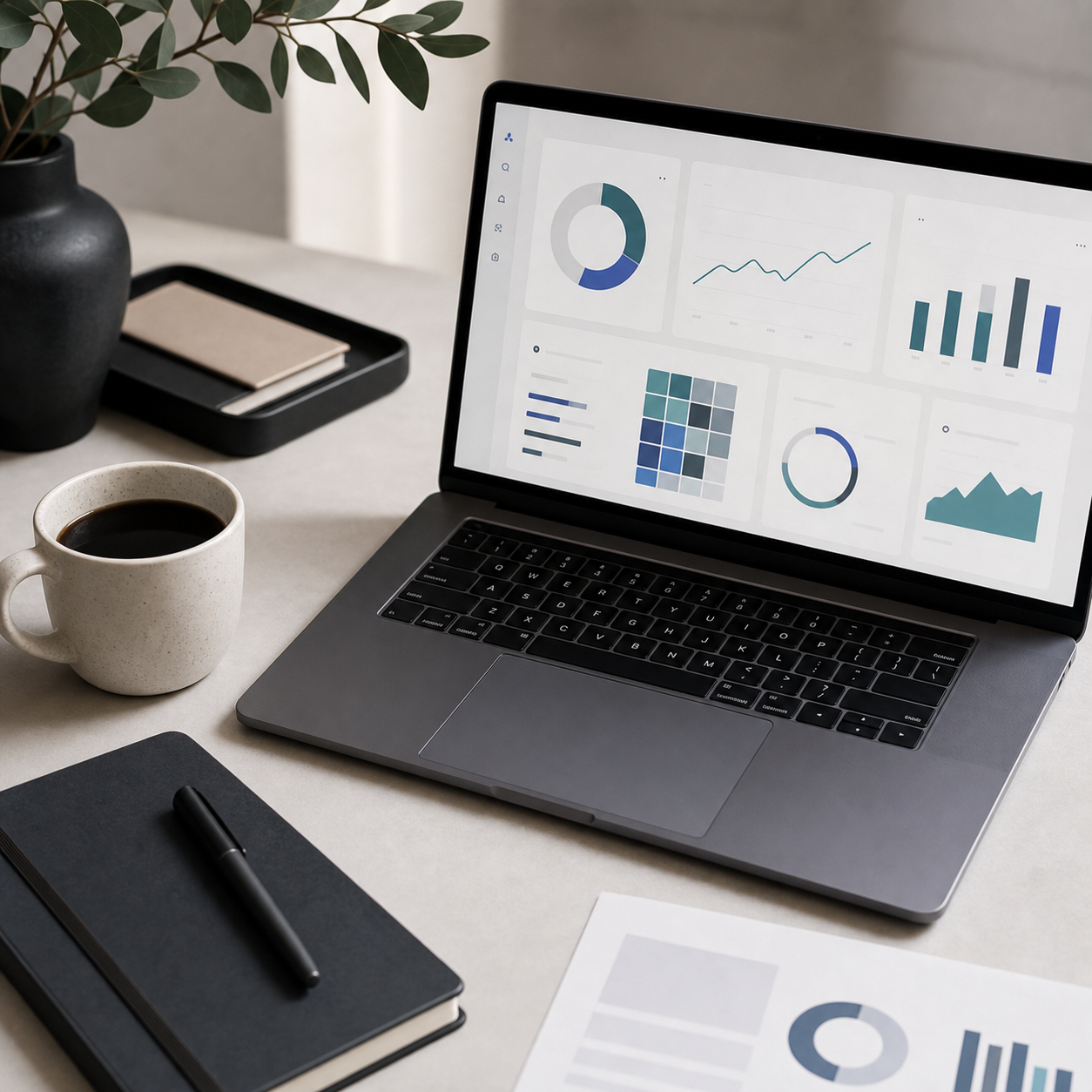 Laptop with abstract finance dashboard charts on a clean workspace
