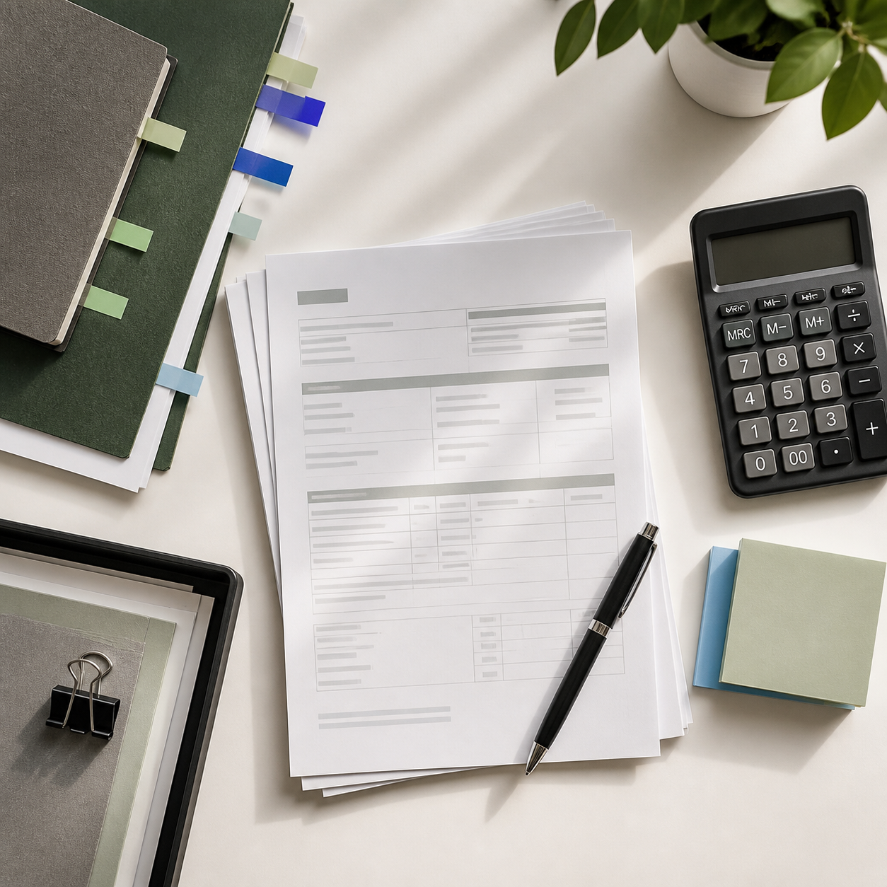 Organized review documents, folders, calculator, and pen on a light desk